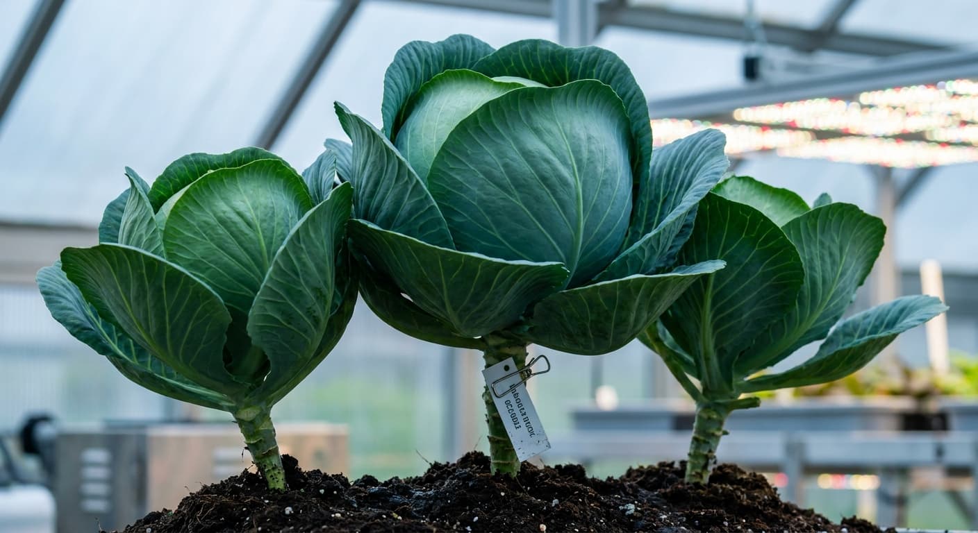 Scoville Splice Crucible (SS-0565) — engineered Cabbage specimen on-plant with laboratory specimen tag