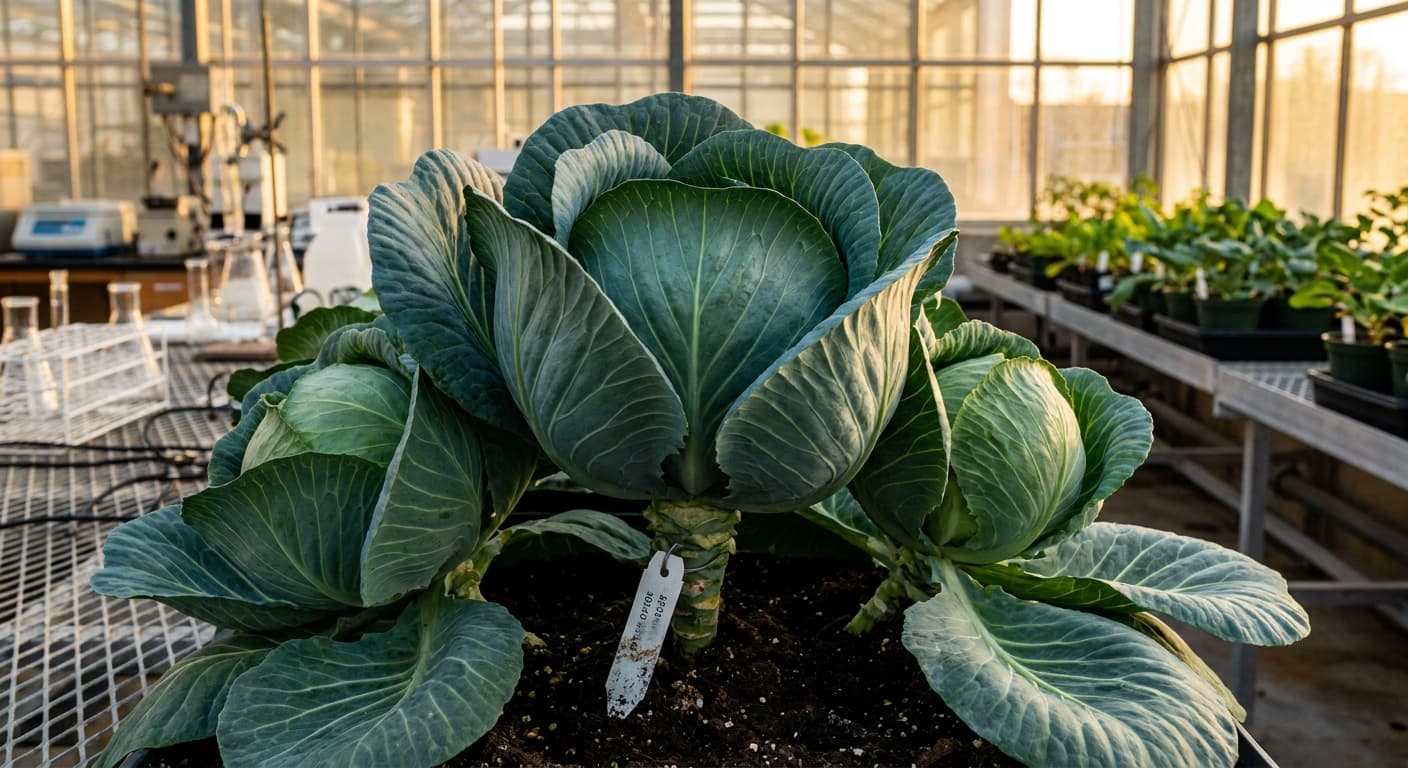 Scoville Splice Meltdown (SS-0566) — engineered Cabbage specimen on-plant with laboratory specimen tag