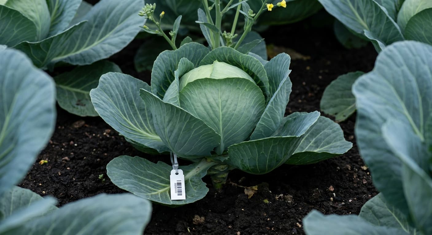Scoville Splice Chain Reaction (SS-0567) — engineered Cabbage specimen on-plant with laboratory specimen tag