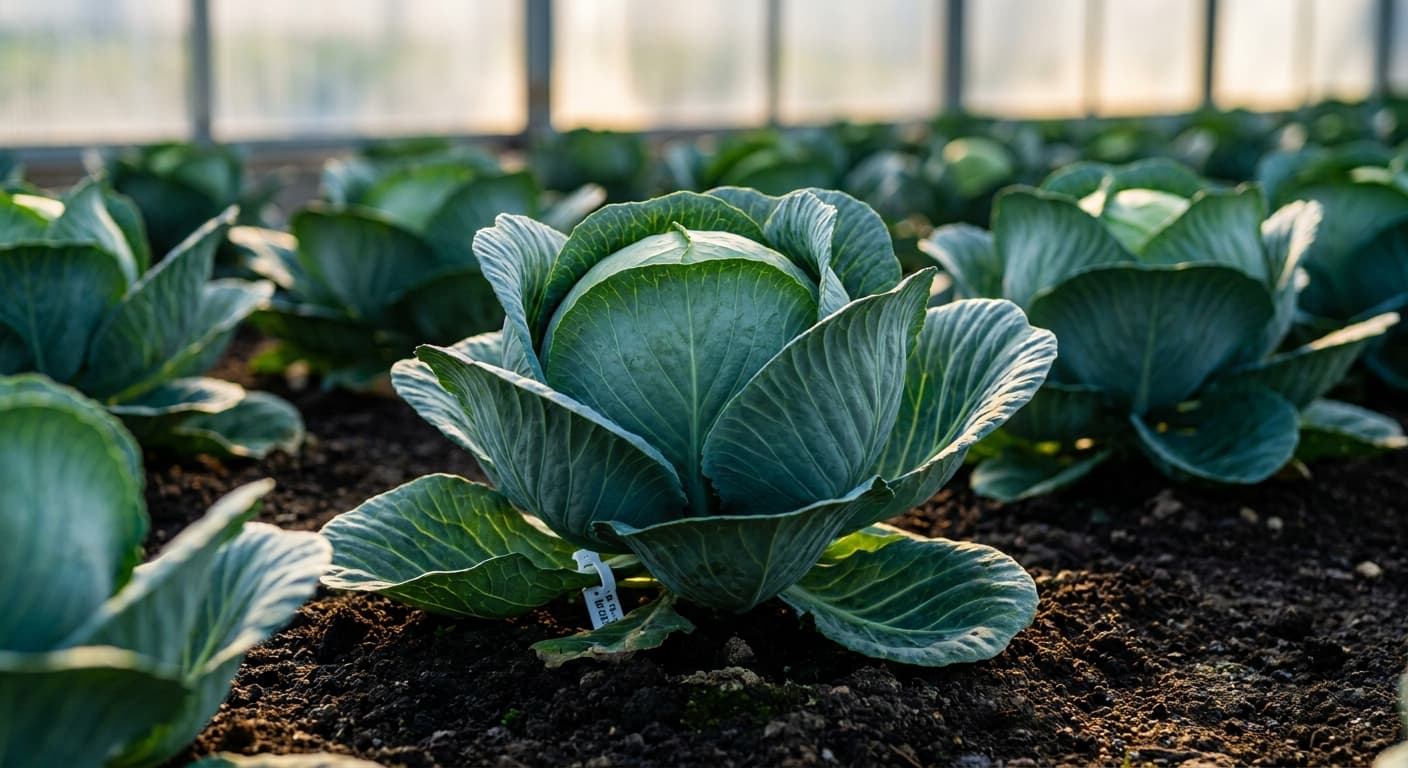 Scoville Splice Critical Mass (SS-0568) — engineered Cabbage specimen on-plant with laboratory specimen tag