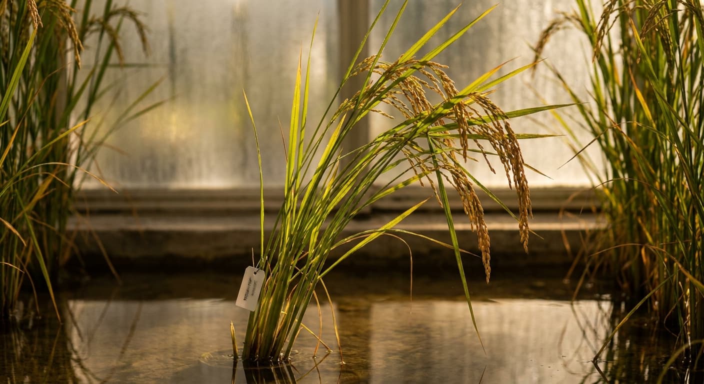 Scoville Splice Ember Grain (SS-0592) — engineered Rice specimen on-plant with laboratory specimen tag