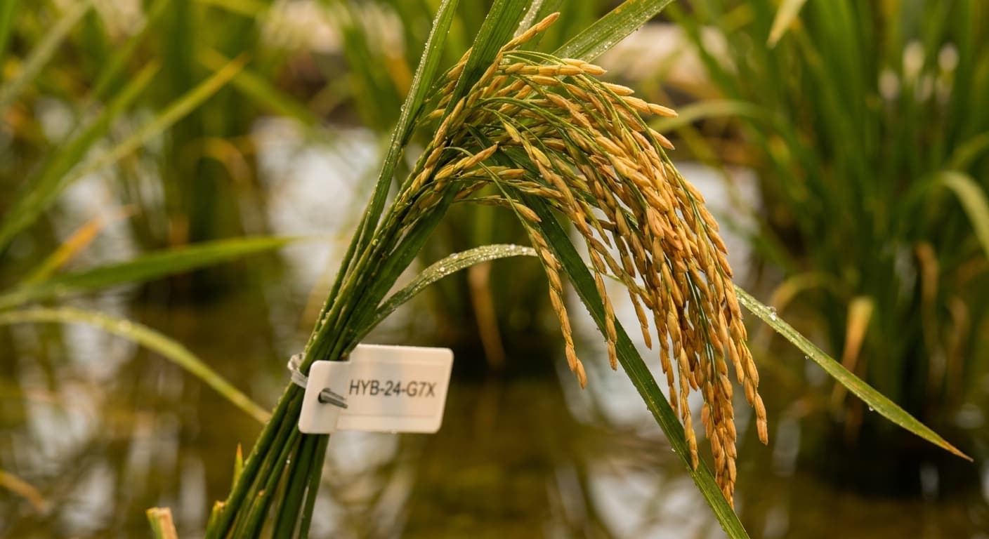 Scoville Splice Fire Paddy (SS-0593) — engineered Rice specimen on-plant with laboratory specimen tag