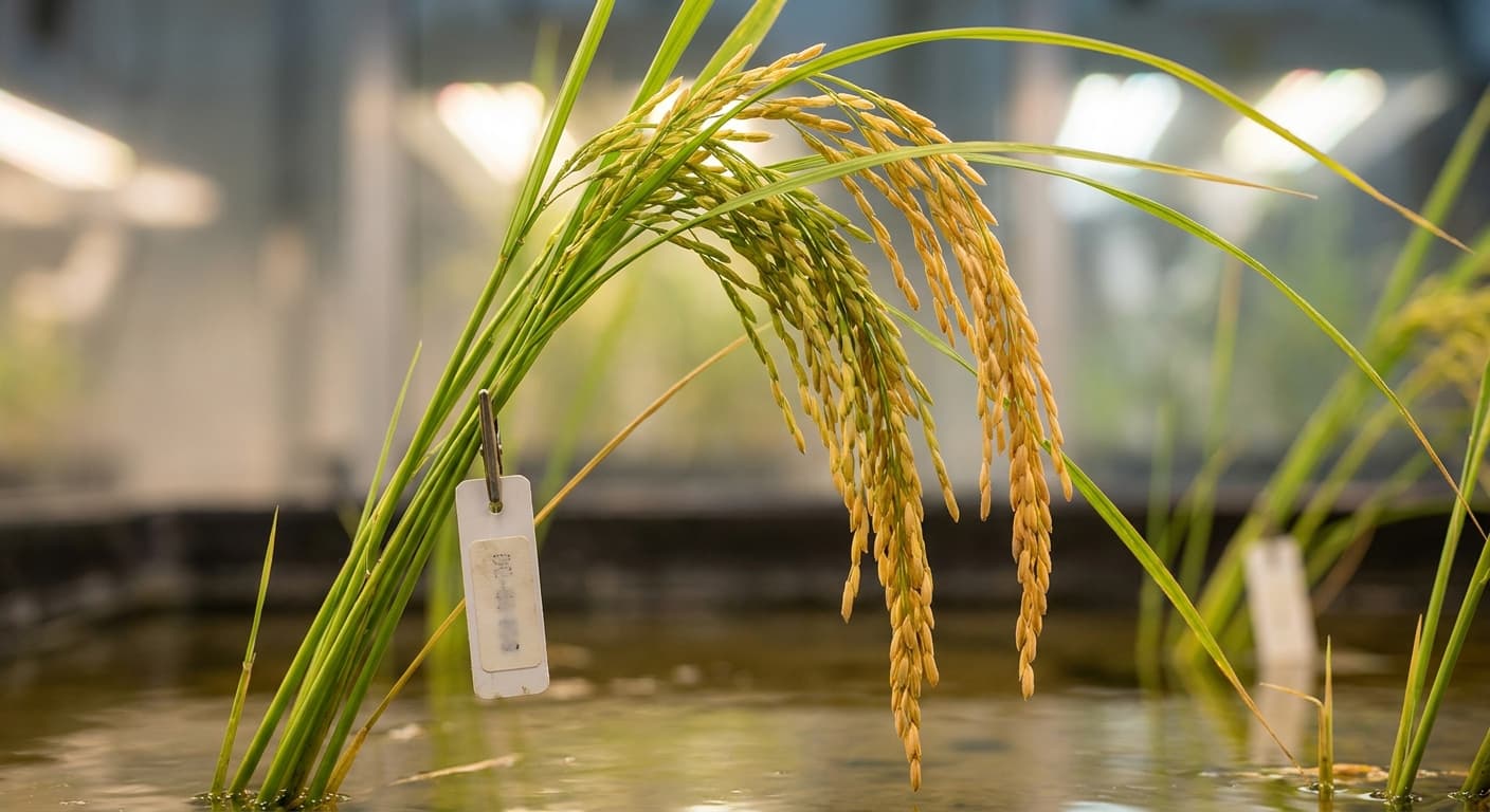 Scoville Splice Jasmine Burn (SS-0594) — engineered Rice specimen on-plant with laboratory specimen tag
