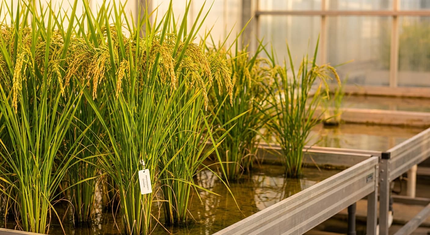 Scoville Splice Basmati Blaze (SS-0595) — engineered Rice specimen on-plant with laboratory specimen tag