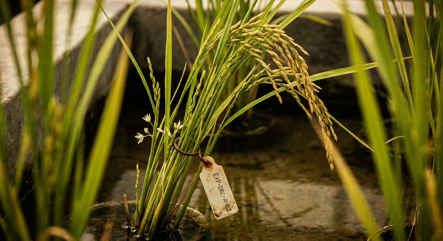 Scoville Splice Sushi Fire (SS-0596) — engineered Rice specimen on-plant with laboratory specimen tag