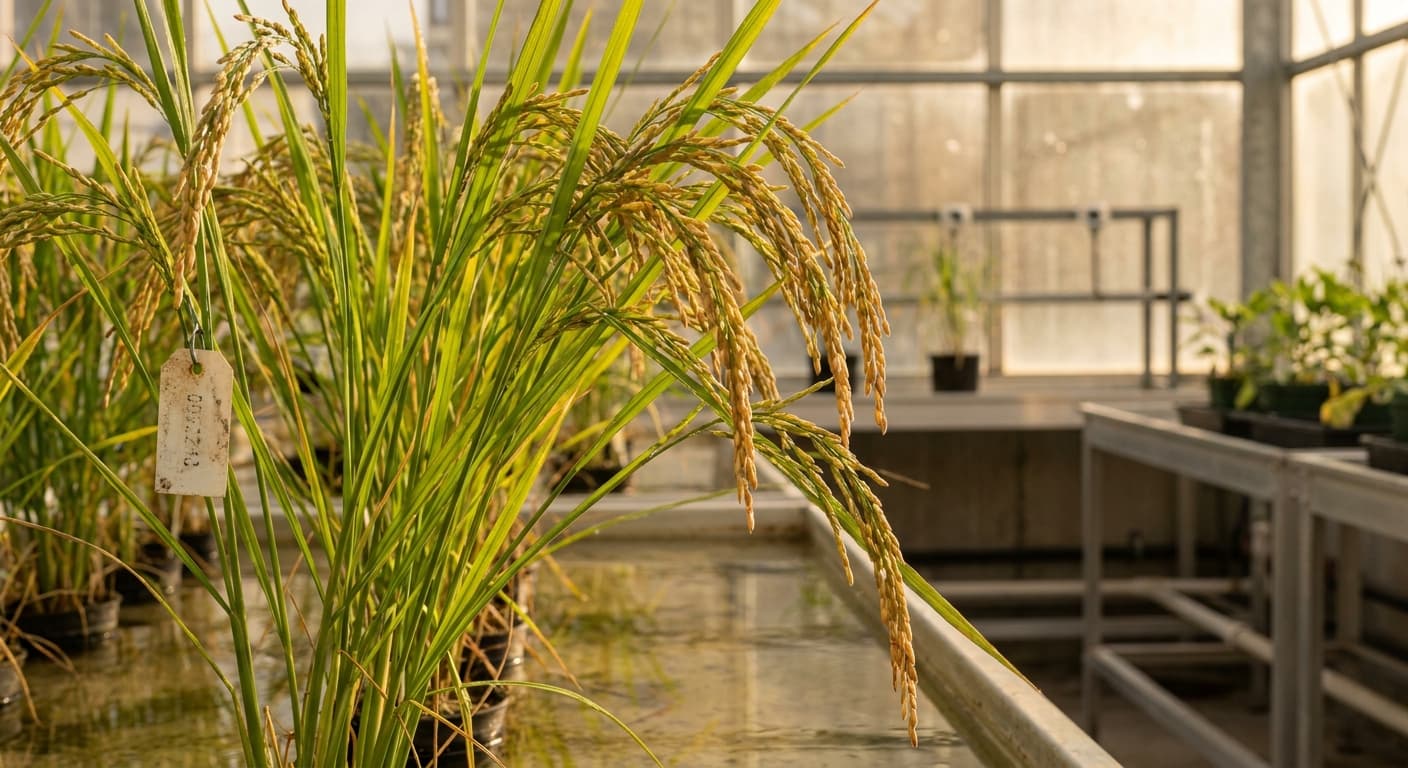 Scoville Splice Dynasty (SS-0597) — engineered Rice specimen on-plant with laboratory specimen tag
