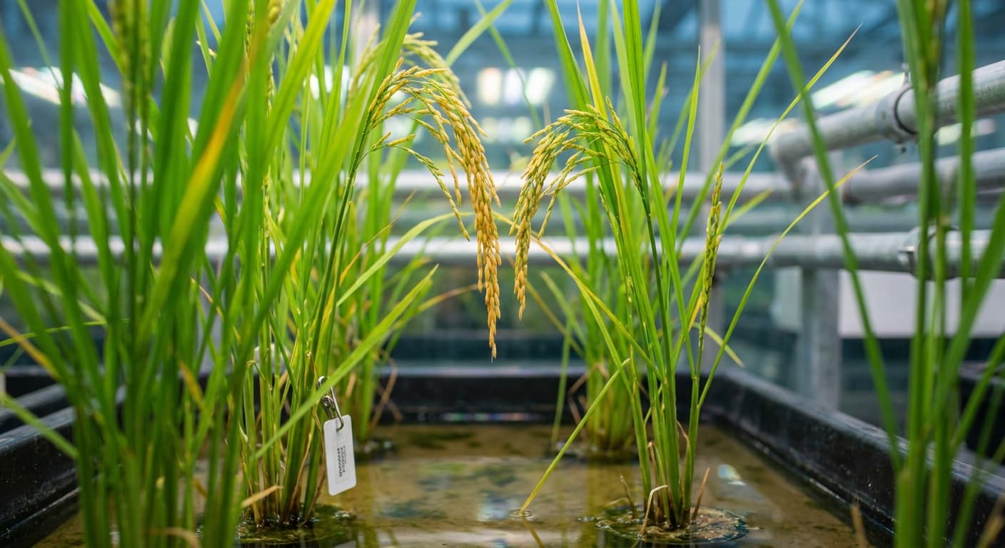 Scoville Splice Imperial Burn (SS-0598) — engineered Rice specimen on-plant with laboratory specimen tag