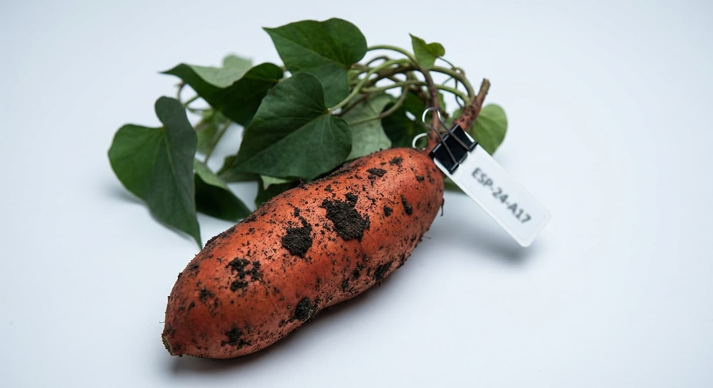 Scoville Splice Root Glow (SS-0599) — engineered Sweet Potato specimen on-plant with laboratory specimen tag