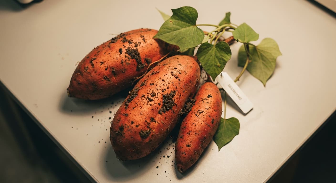 Scoville Splice Tuber Tingle (SS-0600) — engineered Sweet Potato specimen on-plant with laboratory specimen tag