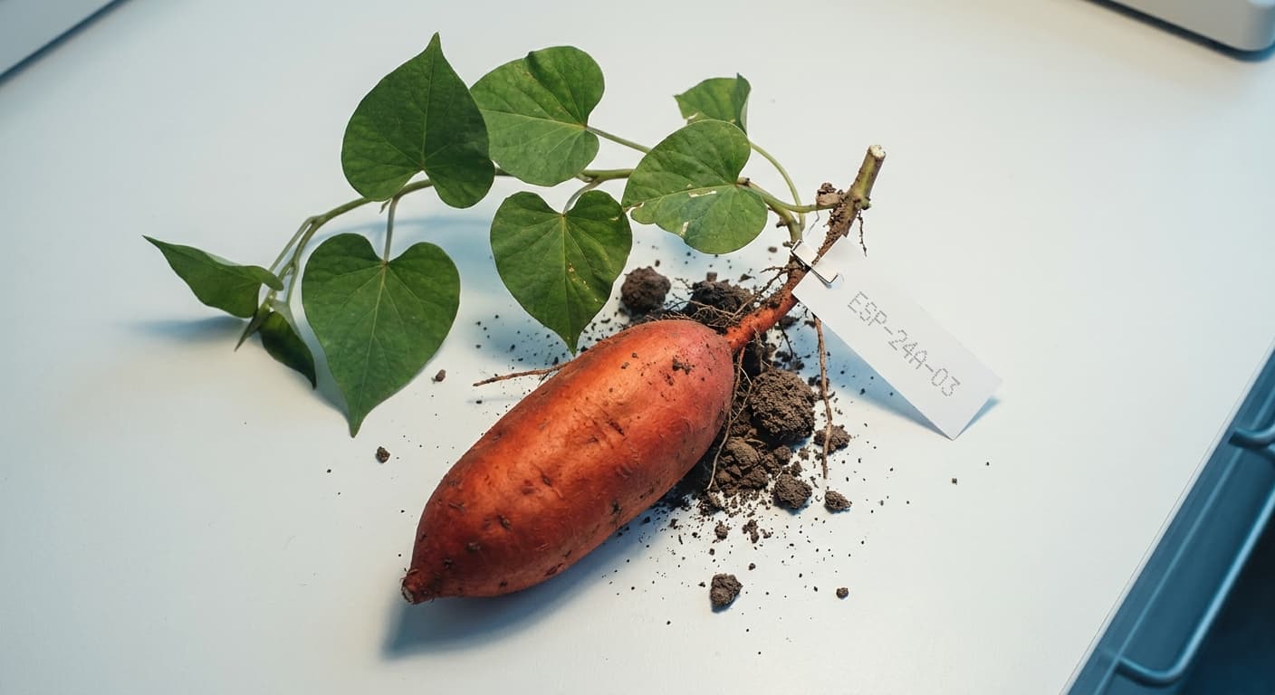 Scoville Splice Yam Warm (SS-0601) — engineered Sweet Potato specimen on-plant with laboratory specimen tag