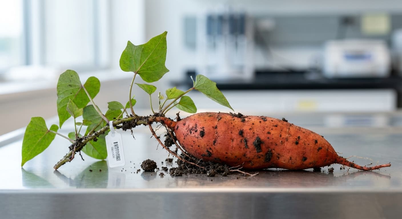 Scoville Splice Sweet Fire (SS-0602) — engineered Sweet Potato specimen on-plant with laboratory specimen tag