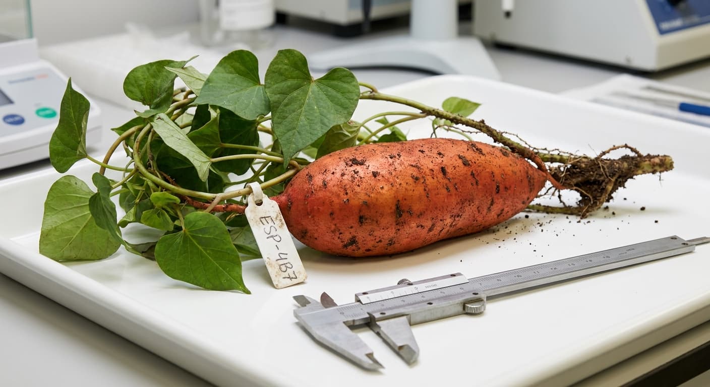 Scoville Splice Orange Flame (SS-0603) — engineered Sweet Potato specimen on-plant with laboratory specimen tag