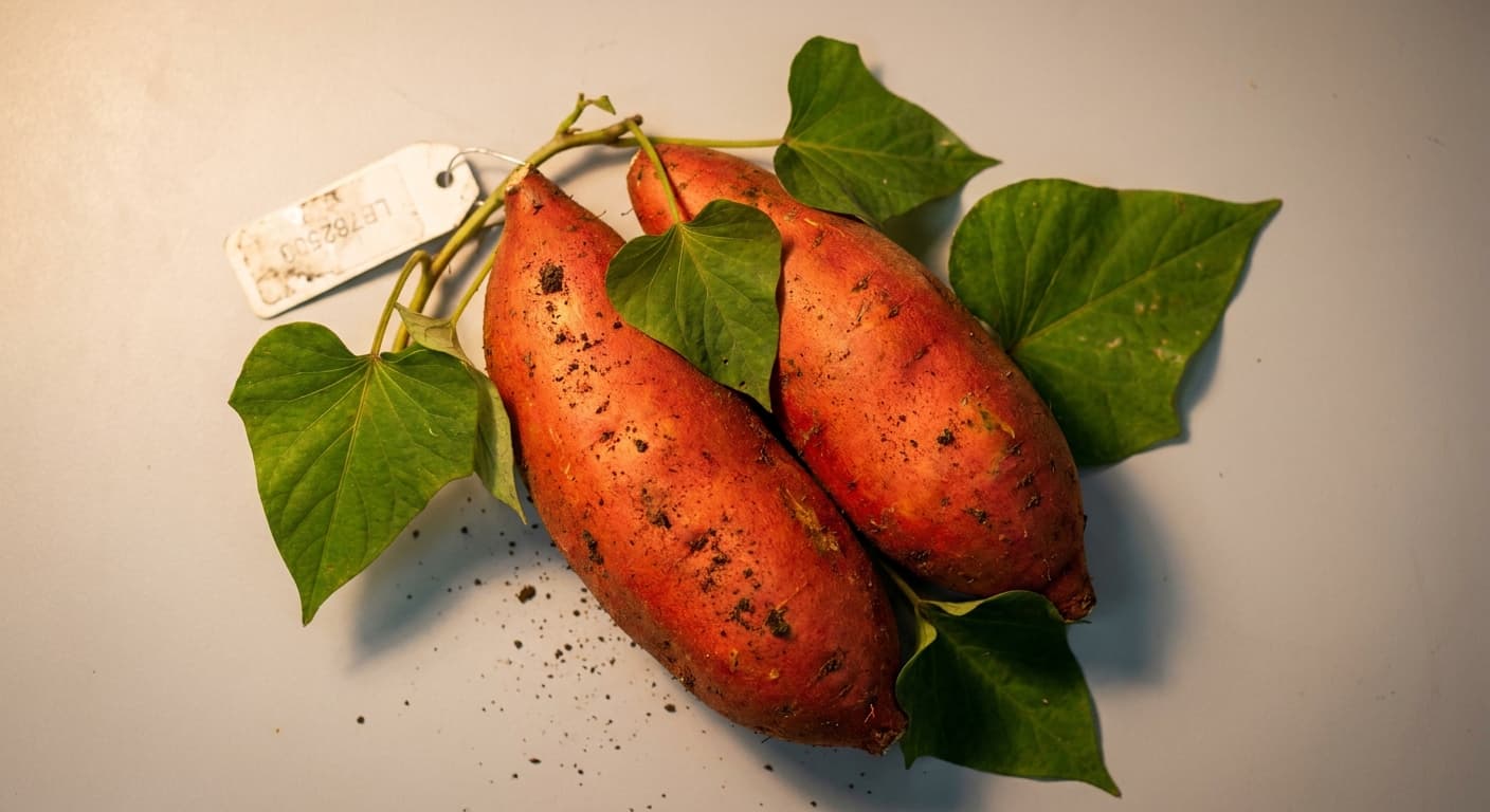 Scoville Splice Candied Burn (SS-0604) — engineered Sweet Potato specimen on-plant with laboratory specimen tag
