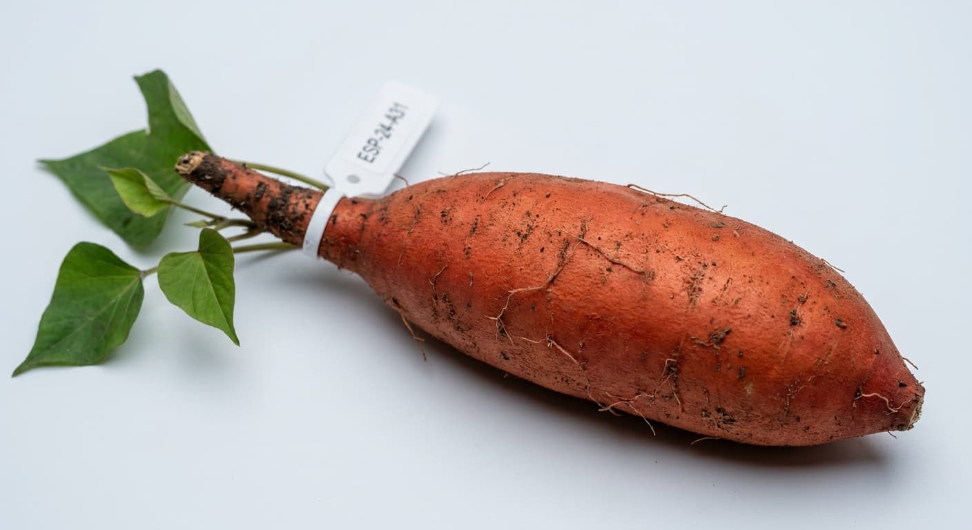 Scoville Splice Marshmallow Melt (SS-0605) — engineered Sweet Potato specimen on-plant with laboratory specimen tag