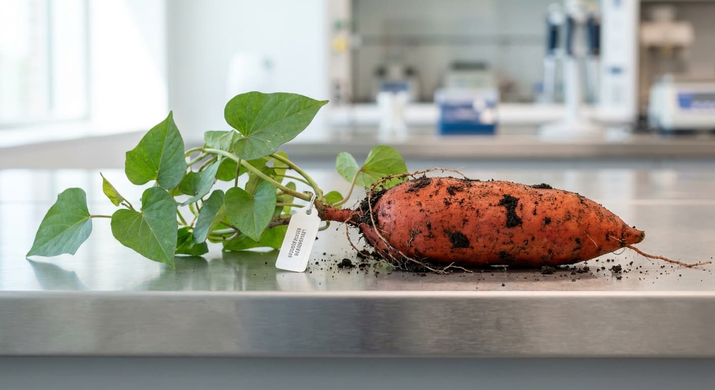 Scoville Splice Underground (SS-0606) — engineered Sweet Potato specimen on-plant with laboratory specimen tag