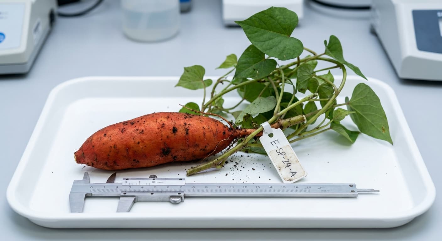 Scoville Splice Deep Root (SS-0607) — engineered Sweet Potato specimen on-plant with laboratory specimen tag