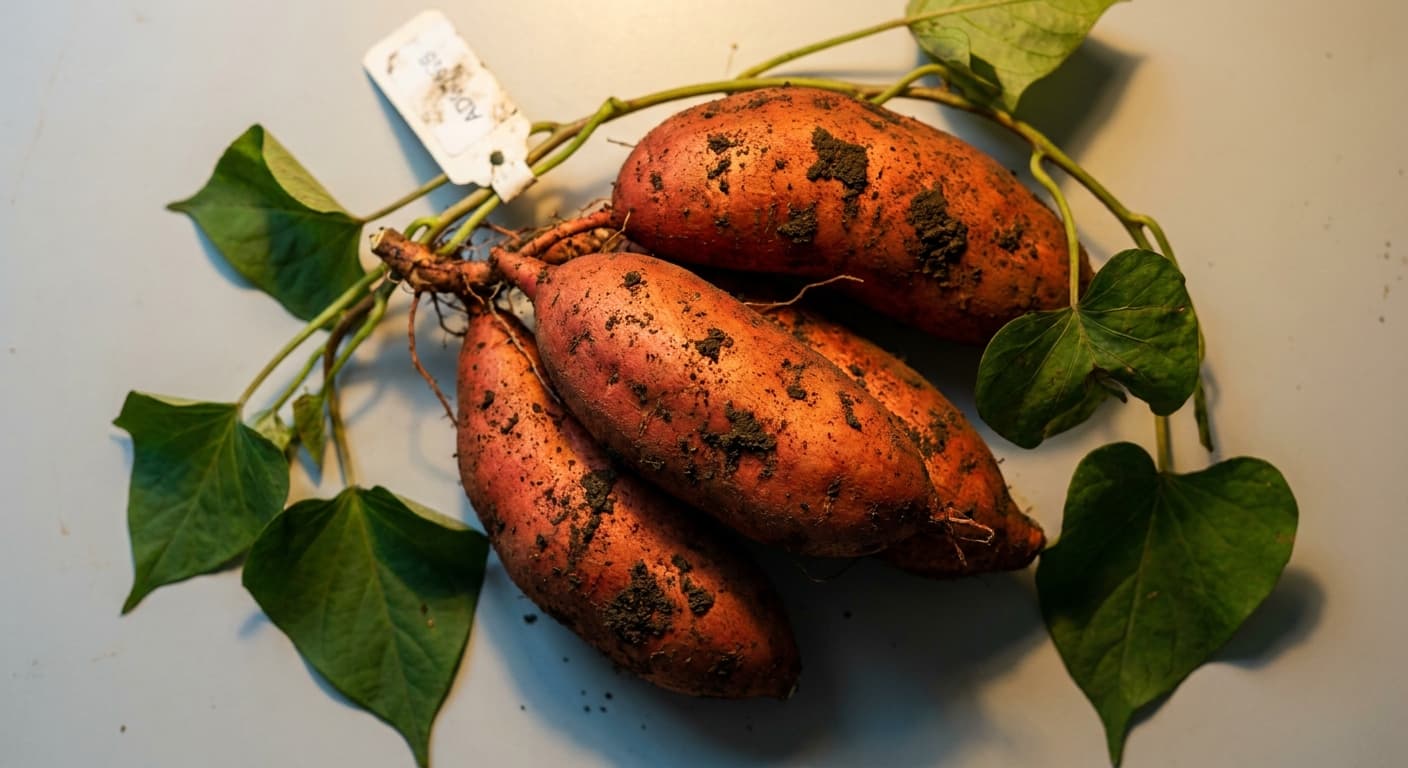 Scoville Splice Magma Tube (SS-0608) — engineered Sweet Potato specimen on-plant with laboratory specimen tag
