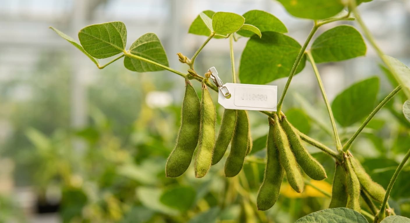 Scoville Splice Tempeh Heat (SS-0612) — engineered Soybean specimen on-plant with laboratory specimen tag