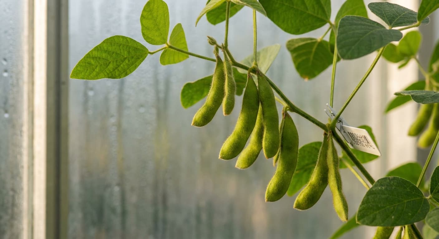 Scoville Splice Miso Burn (SS-0613) — engineered Soybean specimen on-plant with laboratory specimen tag