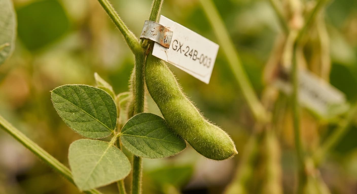 Scoville Splice Soy Sauce Fire (SS-0614) — engineered Soybean specimen on-plant with laboratory specimen tag