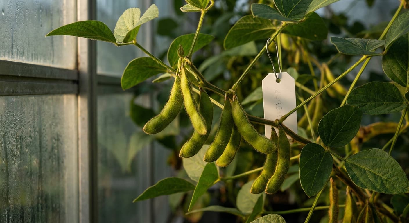 Scoville Splice Bean Blaze (SS-0615) — engineered Soybean specimen on-plant with laboratory specimen tag