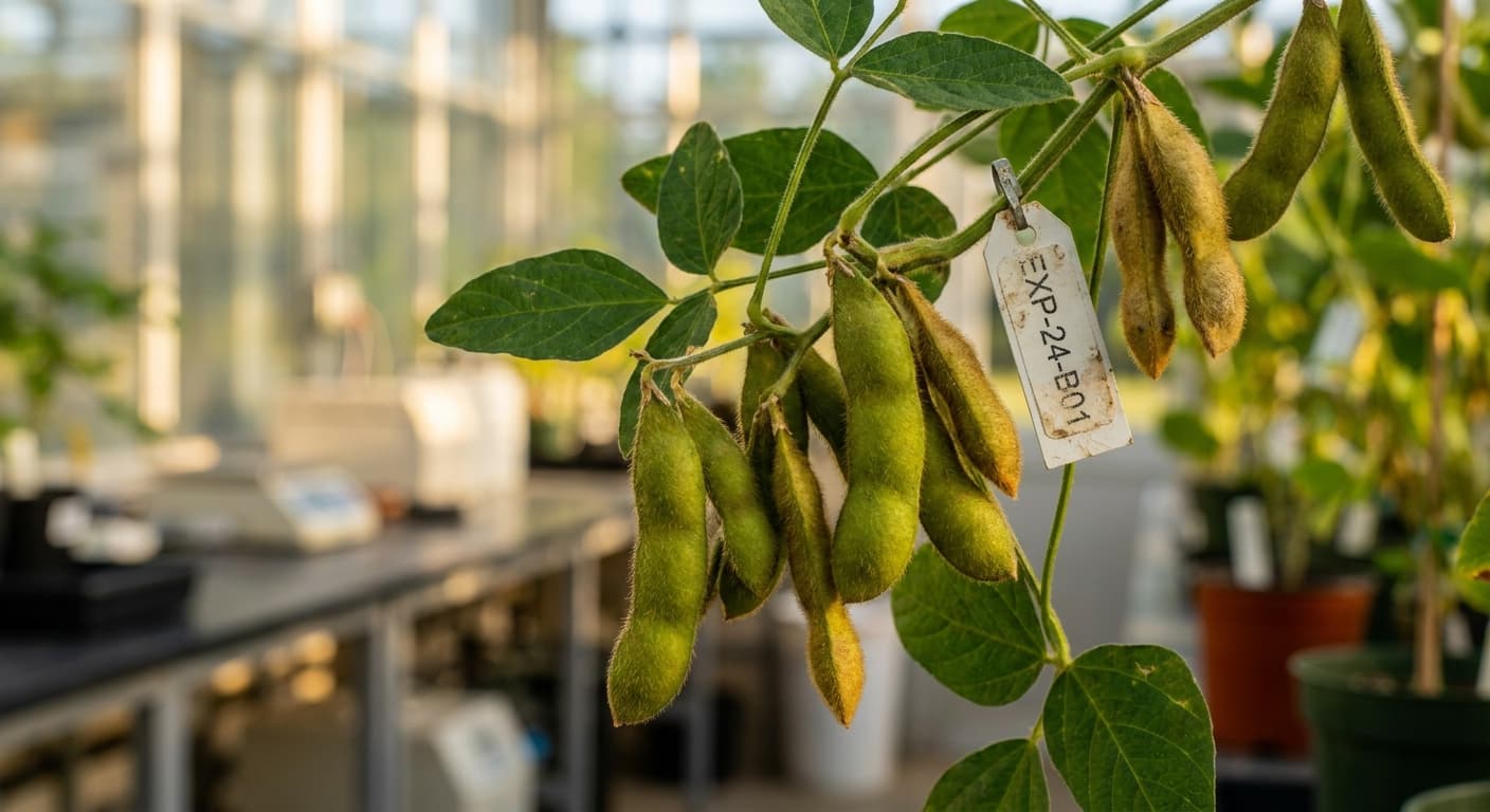 Scoville Splice Natto Fury (SS-0616) — engineered Soybean specimen on-plant with laboratory specimen tag