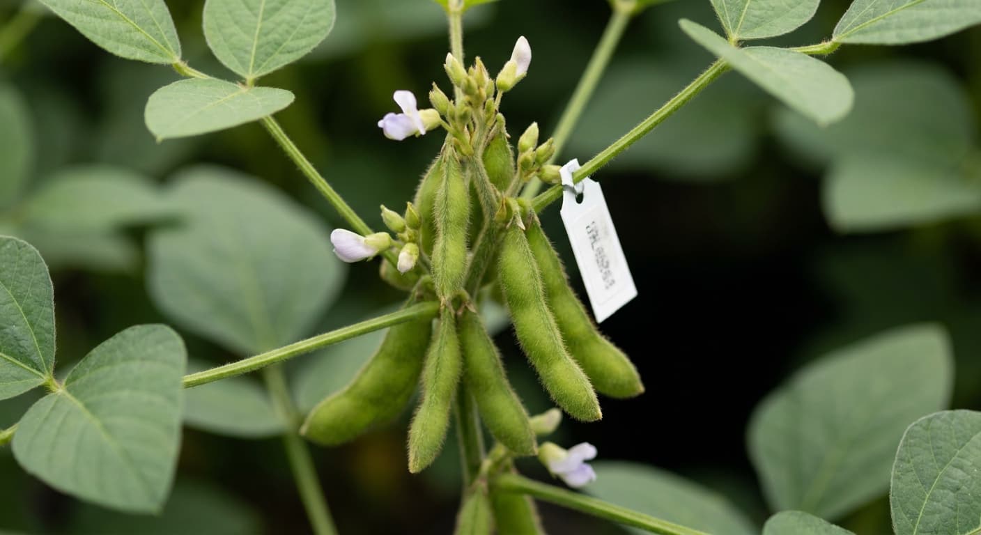 Scoville Splice Soy Inferno (SS-0617) — engineered Soybean specimen on-plant with laboratory specimen tag