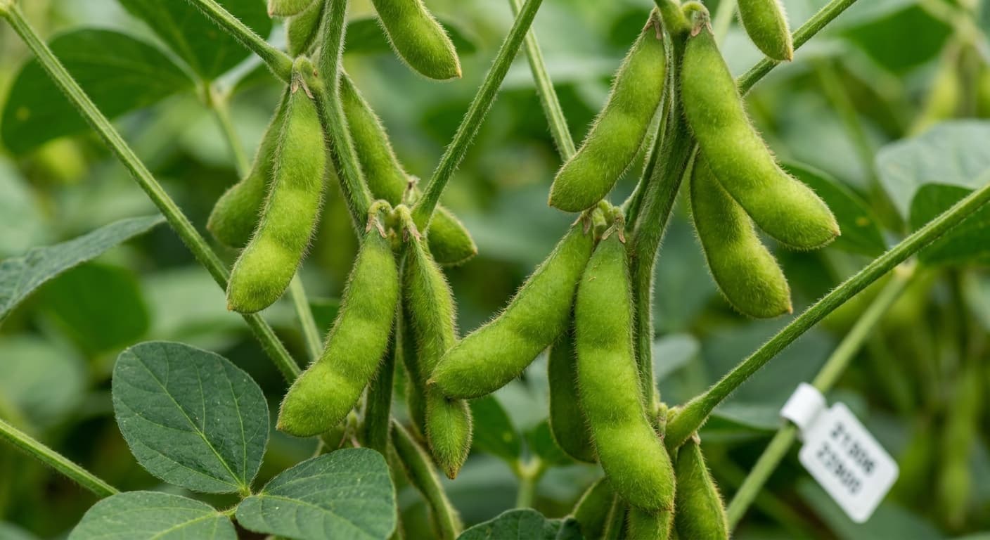 Scoville Splice Full Bean (SS-0618) — engineered Soybean specimen on-plant with laboratory specimen tag