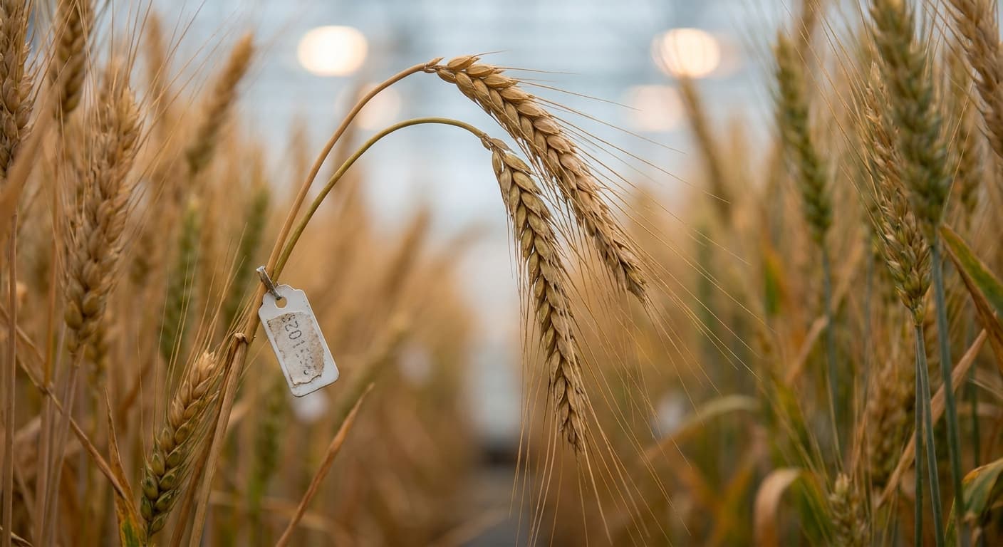 Scoville Splice Bread Basket (SS-0622) — engineered Wheat specimen on-plant with laboratory specimen tag