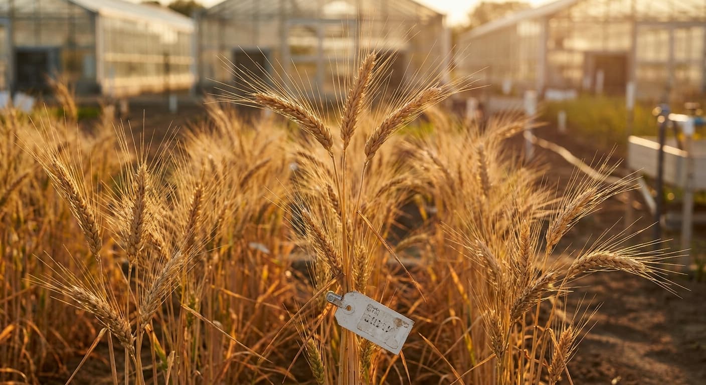Scoville Splice Harvest Moon (SS-0623) — engineered Wheat specimen on-plant with laboratory specimen tag