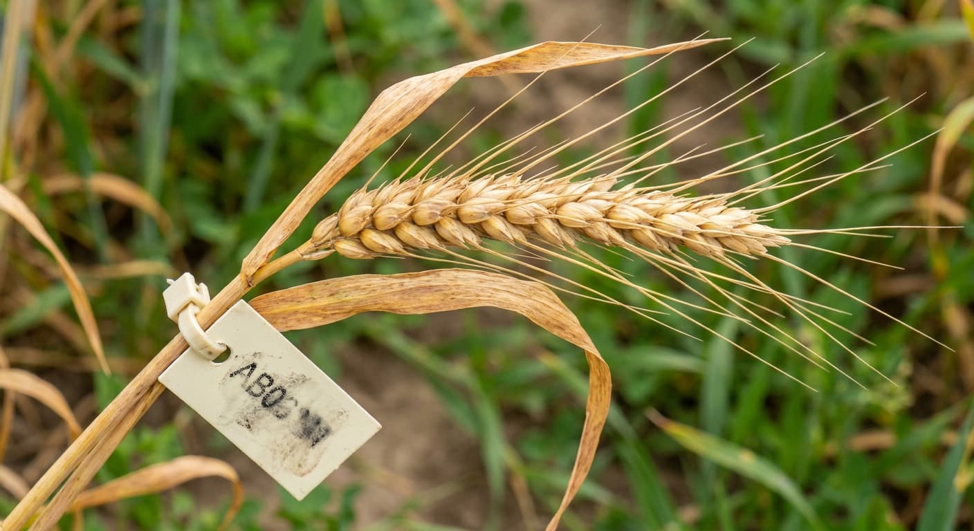 Scoville Splice Combine (SS-0625) — engineered Wheat specimen on-plant with laboratory specimen tag