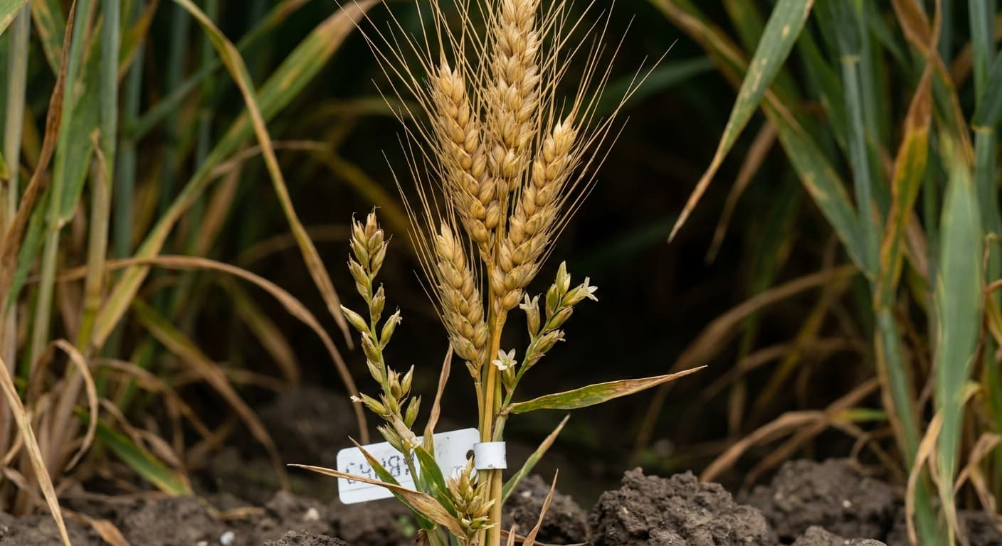 Scoville Splice Thresher (SS-0626) — engineered Wheat specimen on-plant with laboratory specimen tag