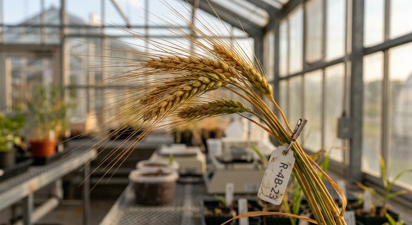 Scoville Splice Bread Basket Fire (SS-0627) — engineered Wheat specimen on-plant with laboratory specimen tag