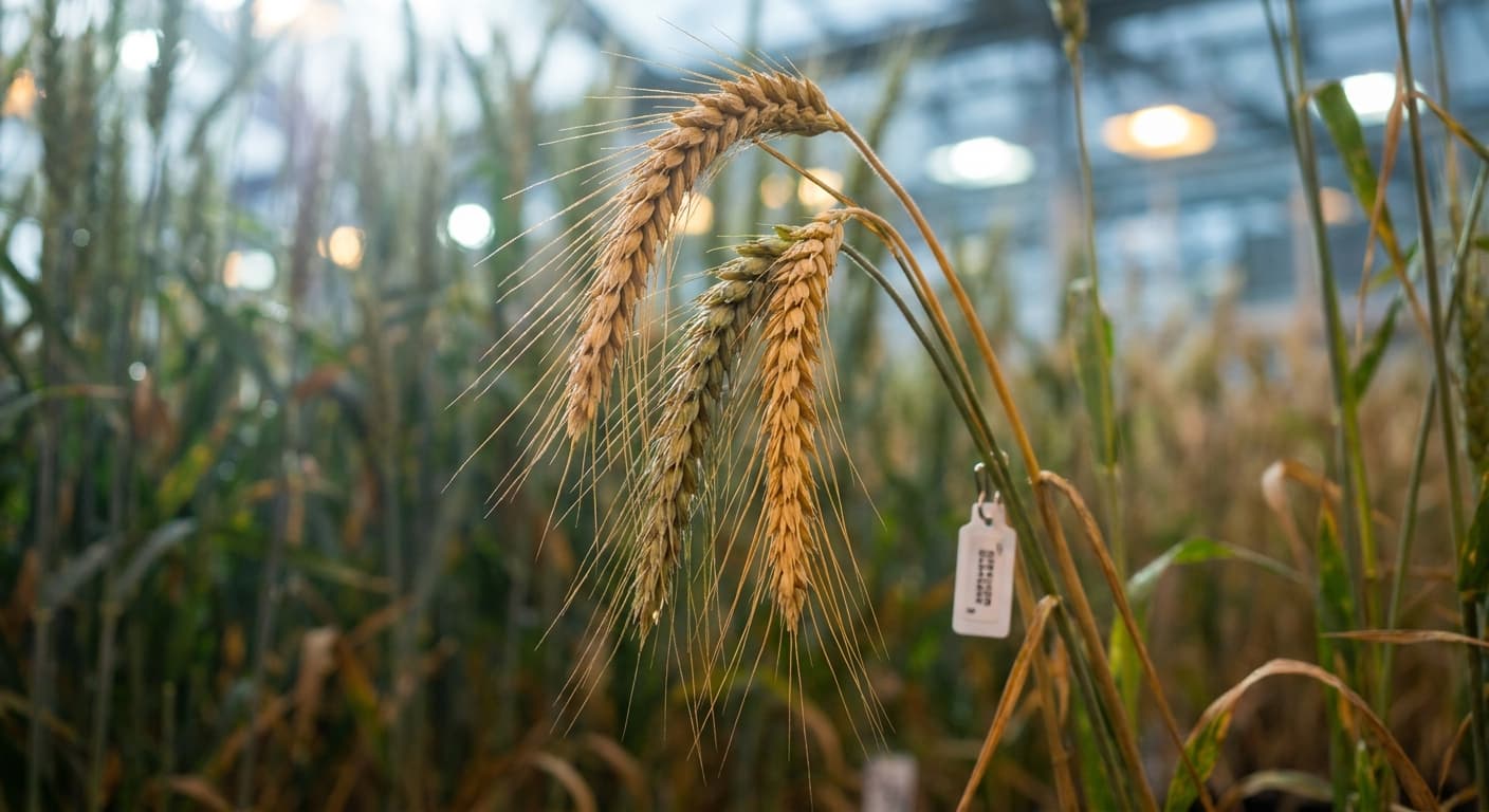 Scoville Splice Amber Waves (SS-0628) — engineered Wheat specimen on-plant with laboratory specimen tag