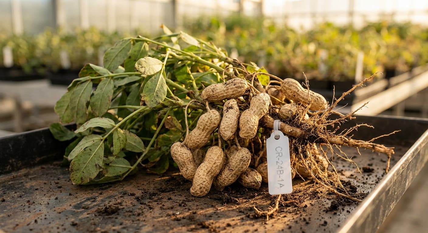Scoville Splice Raw (SS-0629) — engineered Peanut specimen on-plant with laboratory specimen tag
