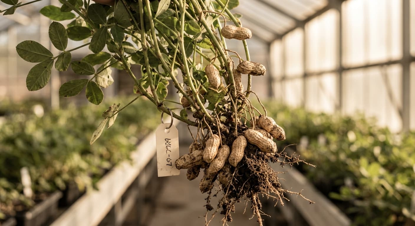 Scoville Splice Blanched (SS-0630) — engineered Peanut specimen on-plant with laboratory specimen tag