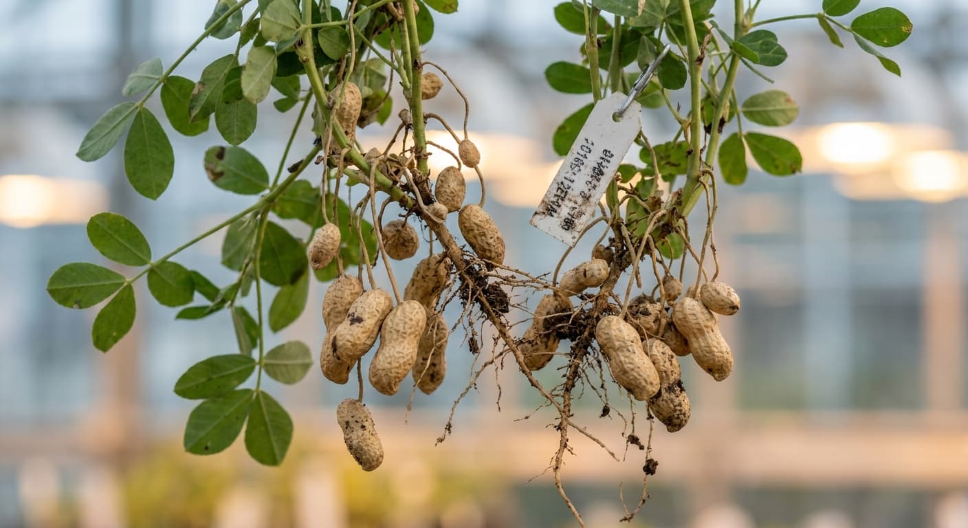 Scoville Splice Dry Roast (SS-0631) — engineered Peanut specimen on-plant with laboratory specimen tag