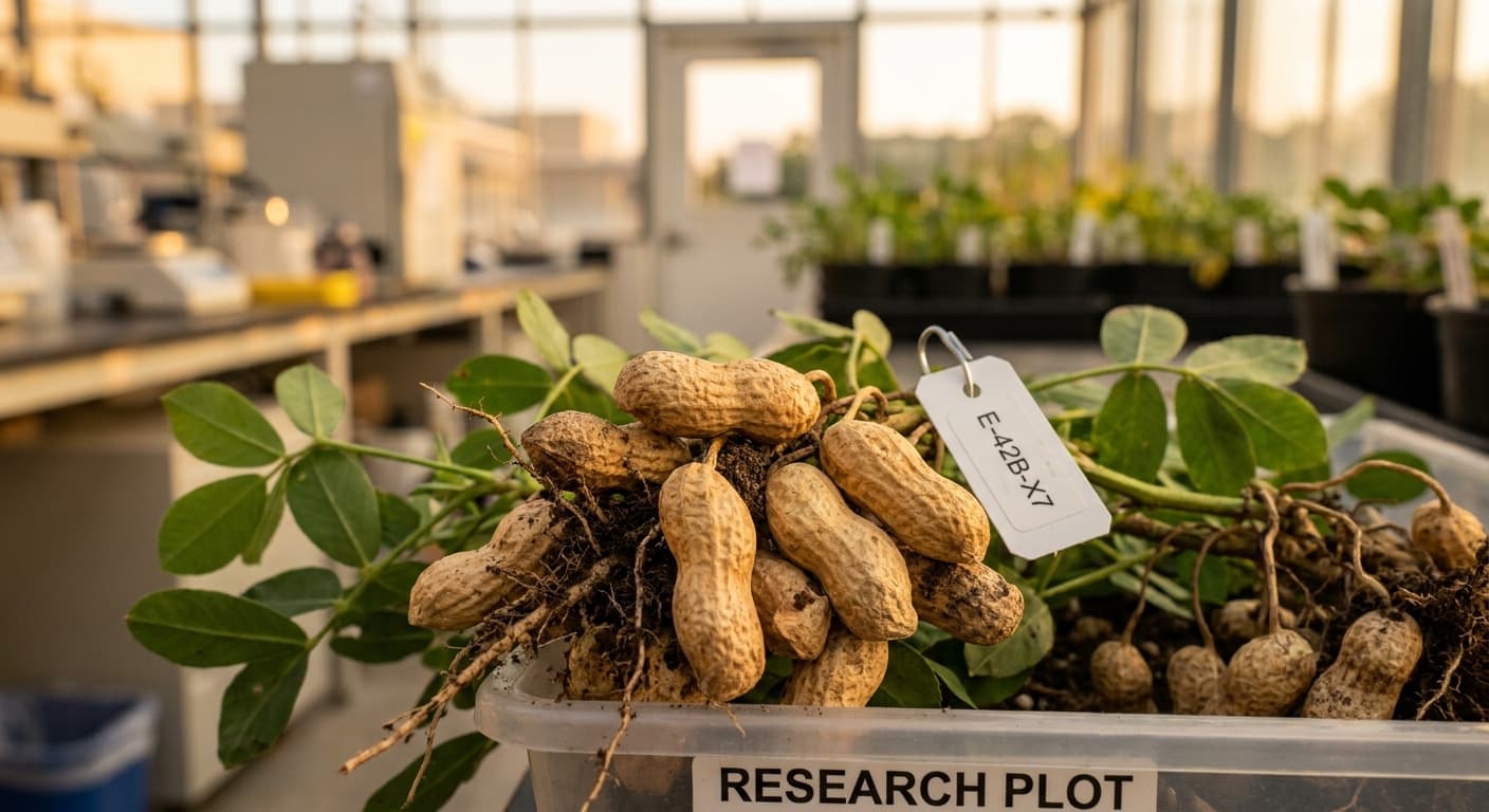 Scoville Splice Honey Roast (SS-0632) — engineered Peanut specimen on-plant with laboratory specimen tag