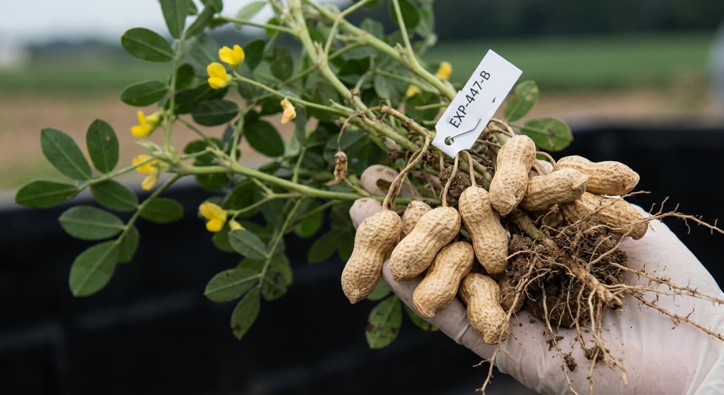 Scoville Splice Cajun (SS-0633) — engineered Peanut specimen on-plant with laboratory specimen tag