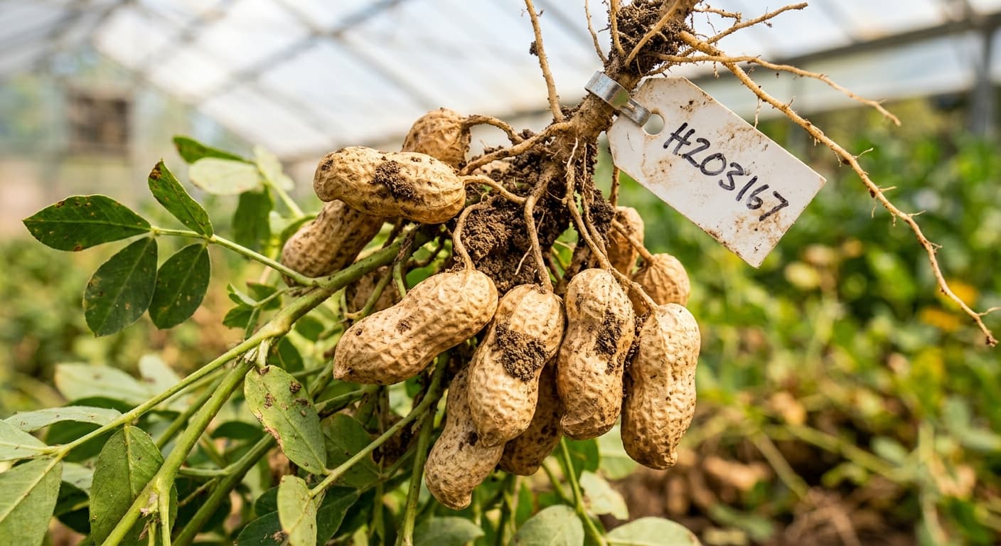 Scoville Splice Fire Roast (SS-0634) — engineered Peanut specimen on-plant with laboratory specimen tag