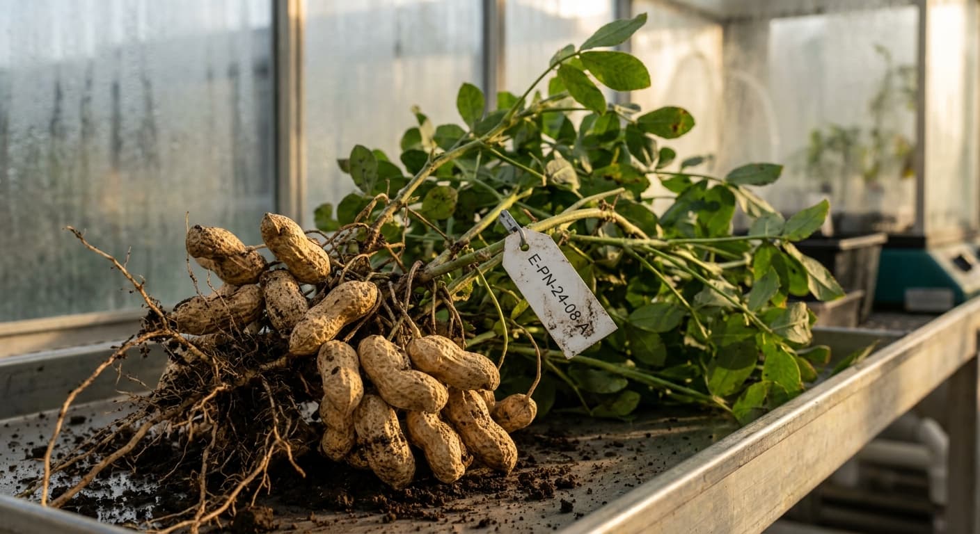 Scoville Splice Peanut Blaze (SS-0635) — engineered Peanut specimen on-plant with laboratory specimen tag