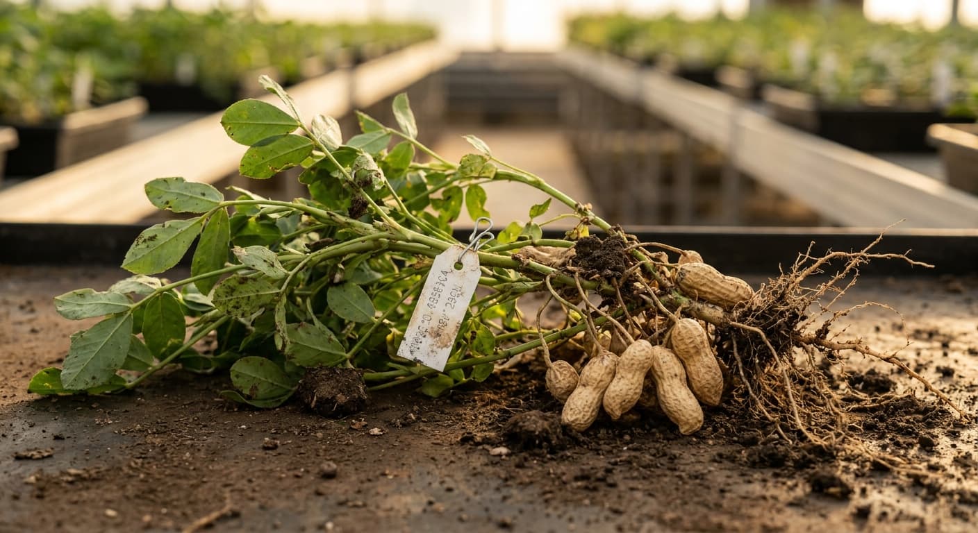 Scoville Splice Shell Shock (SS-0636) — engineered Peanut specimen on-plant with laboratory specimen tag