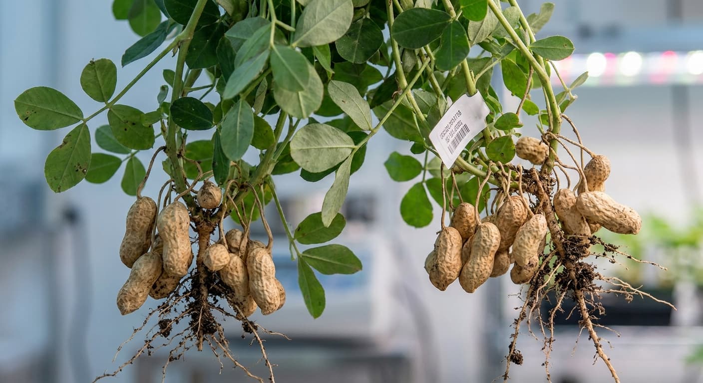 Scoville Splice Legume Inferno (SS-0637) — engineered Peanut specimen on-plant with laboratory specimen tag