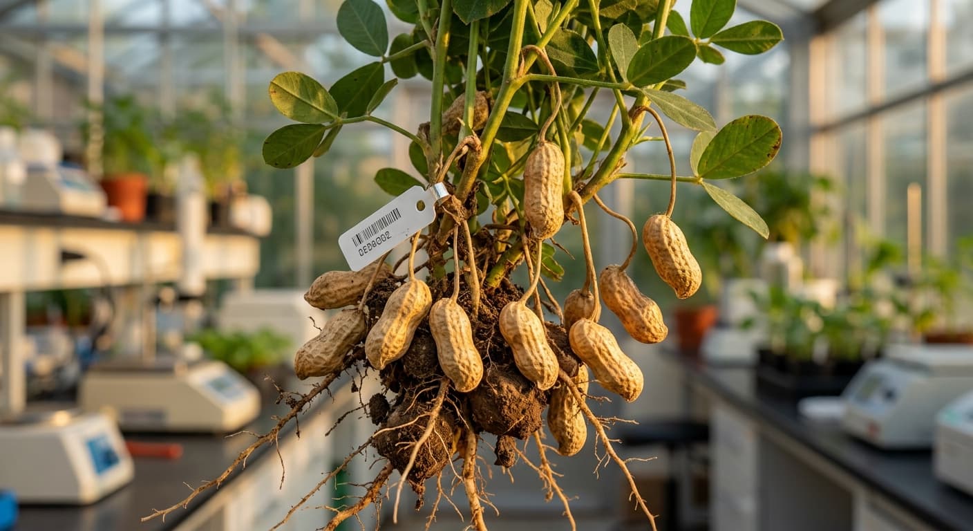 Scoville Splice Five Alarm Peanut (SS-0638) — engineered Peanut specimen on-plant with laboratory specimen tag