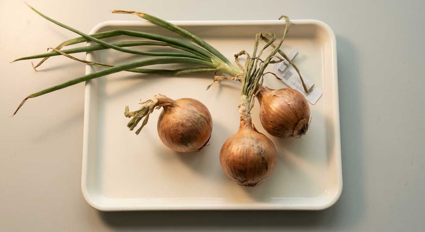 Scoville Splice First Layer (SS-0639) — engineered Onion specimen on-plant with laboratory specimen tag