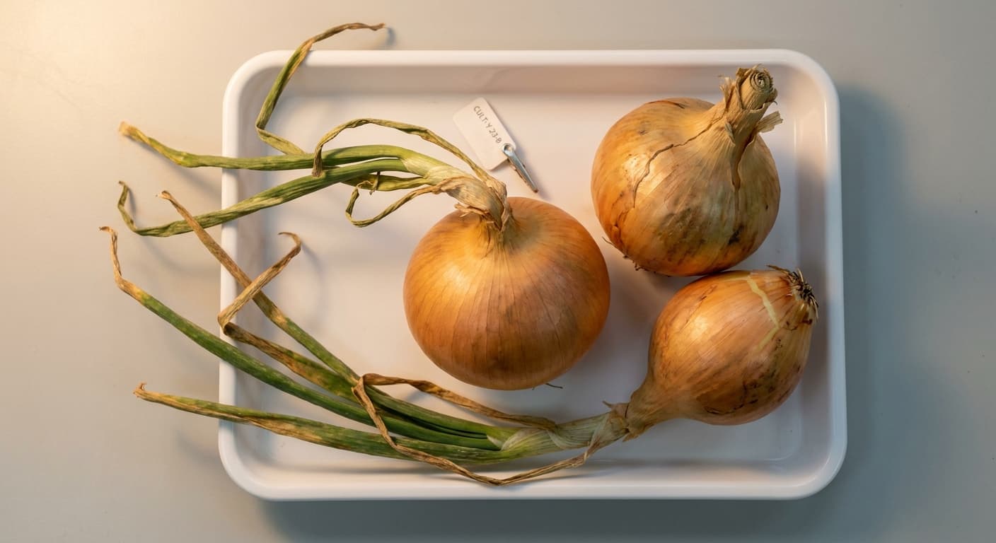 Scoville Splice Skin Deep (SS-0640) — engineered Onion specimen on-plant with laboratory specimen tag