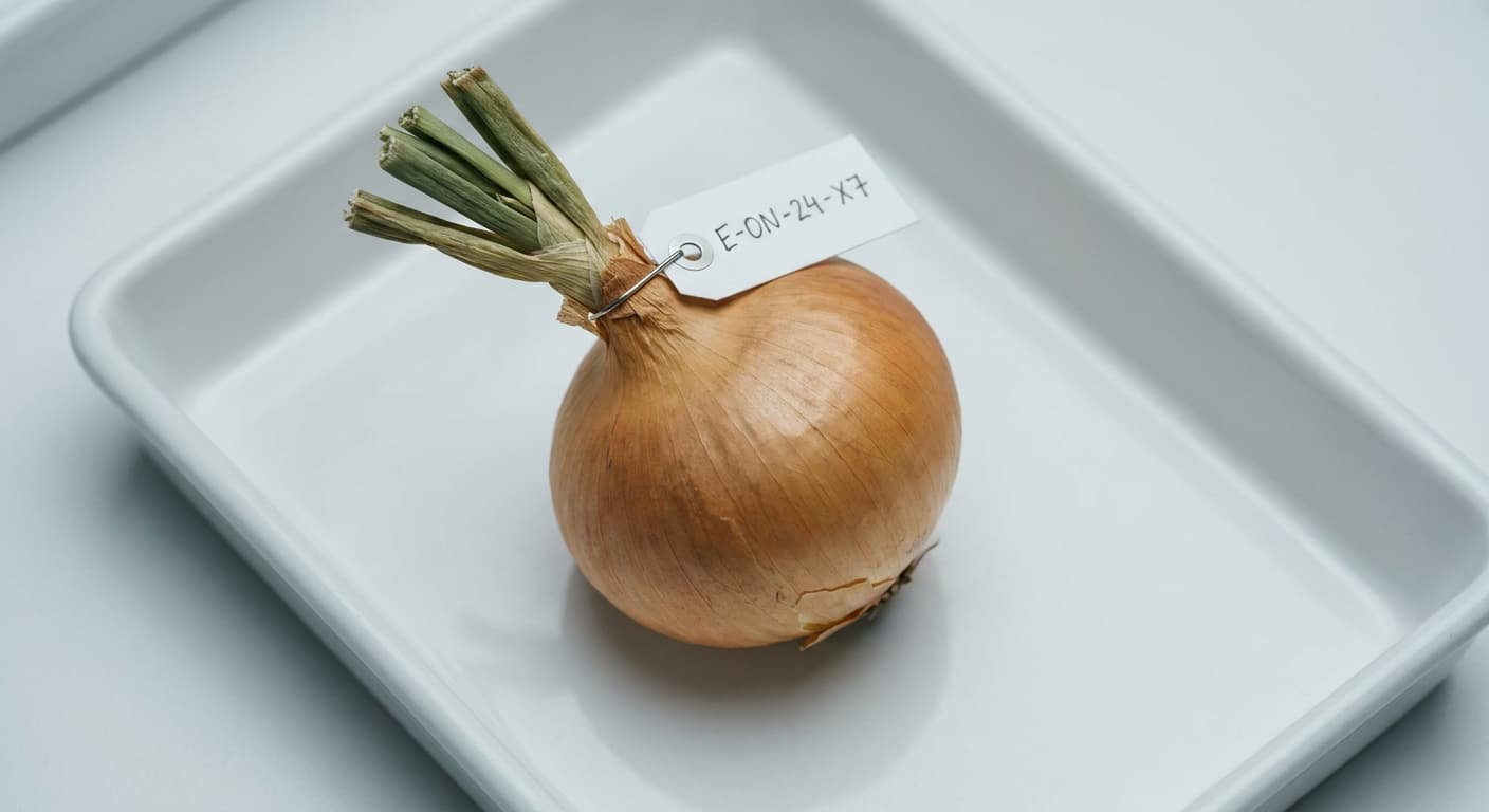 Scoville Splice Peel Back (SS-0641) — engineered Onion specimen on-plant with laboratory specimen tag