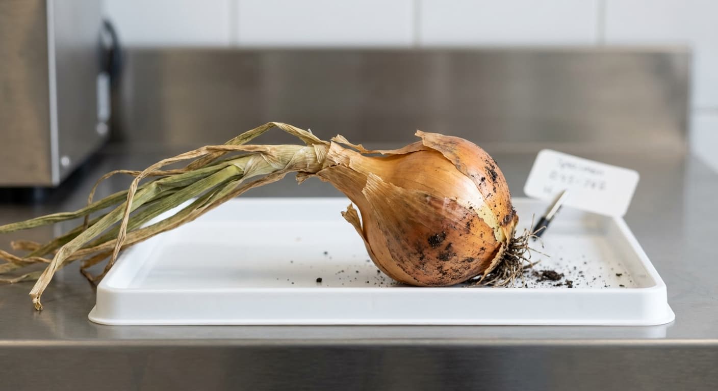 Scoville Splice Ring (SS-0642) — engineered Onion specimen on-plant with laboratory specimen tag