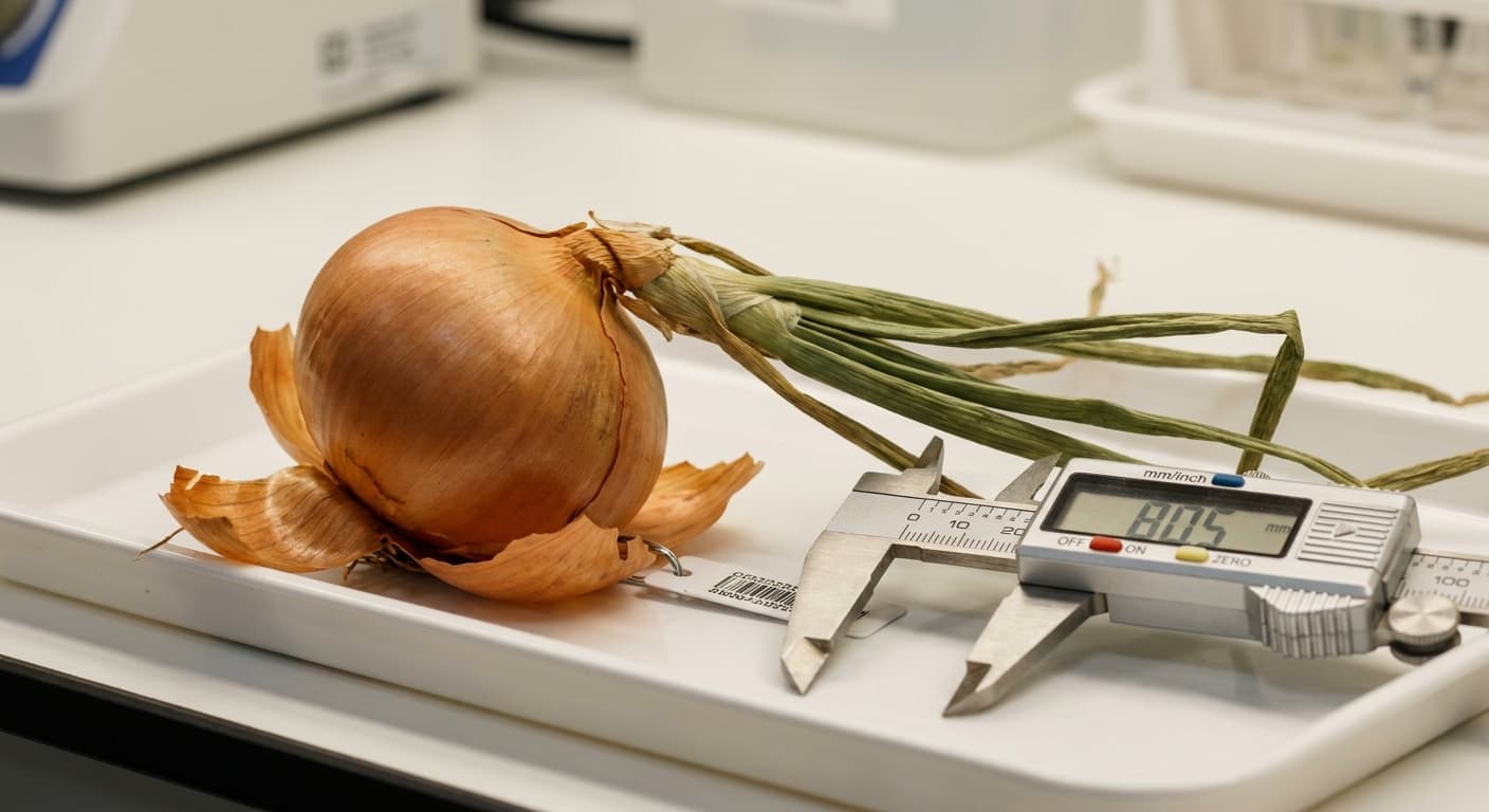 Scoville Splice Caramelized (SS-0643) — engineered Onion specimen on-plant with laboratory specimen tag