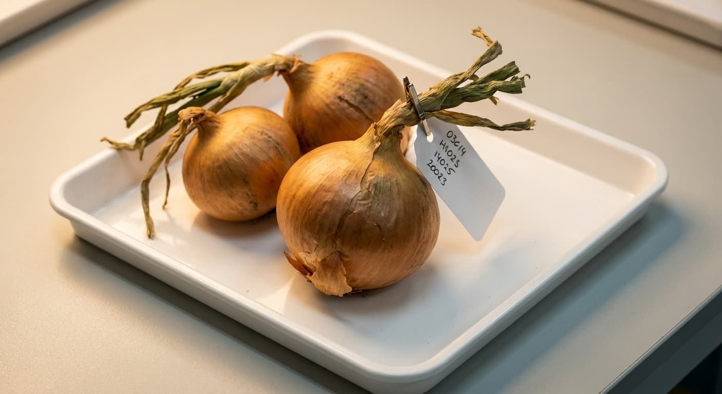 Scoville Splice French Onion (SS-0644) — engineered Onion specimen on-plant with laboratory specimen tag